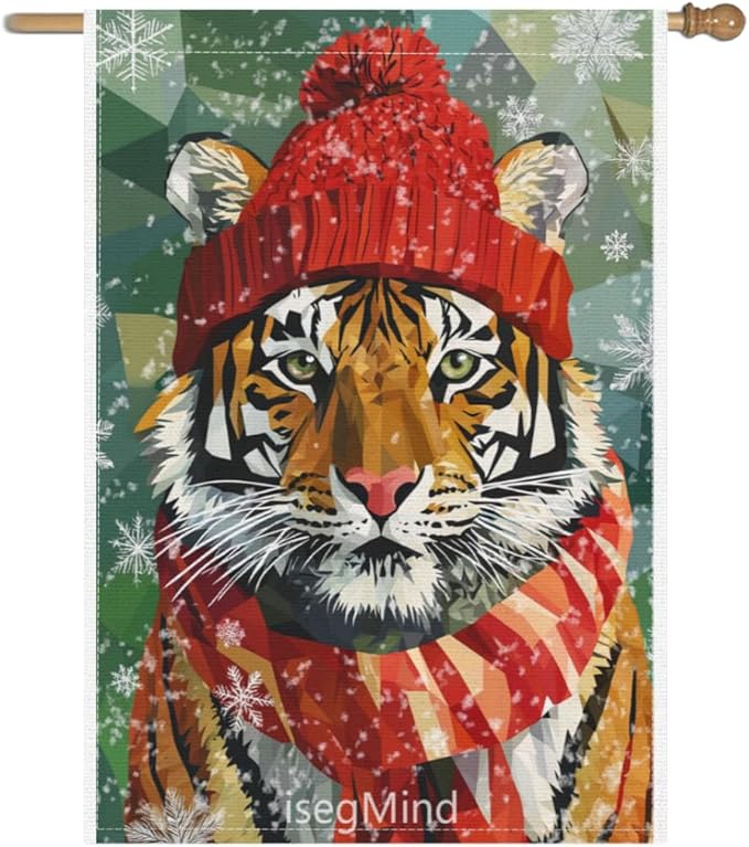Tiger with Red Scarf and Hat Snowflake Christmas Garden Flag, 28x40 Inch Double Sided Linen Holiday Red Winter Farmhouse Yard Outdoor Decoration (4327)