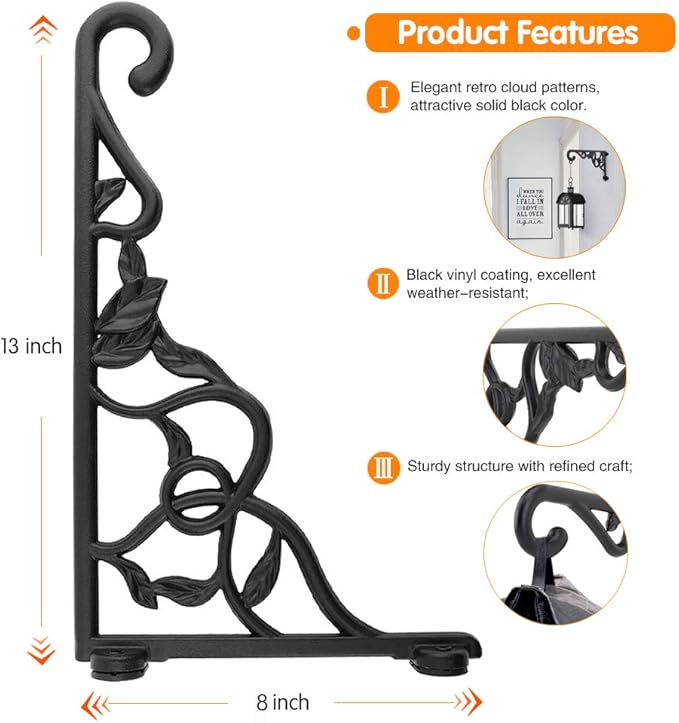 Heavy Duty Hanging Plant Brackets, 2pcs 13 Inch Hand Forged Iron Wall Mount Bracket Durable Rust-Resistant Plant Hanger Hook for Hanging Plants Bird Feeder Lantern Wind Chimes