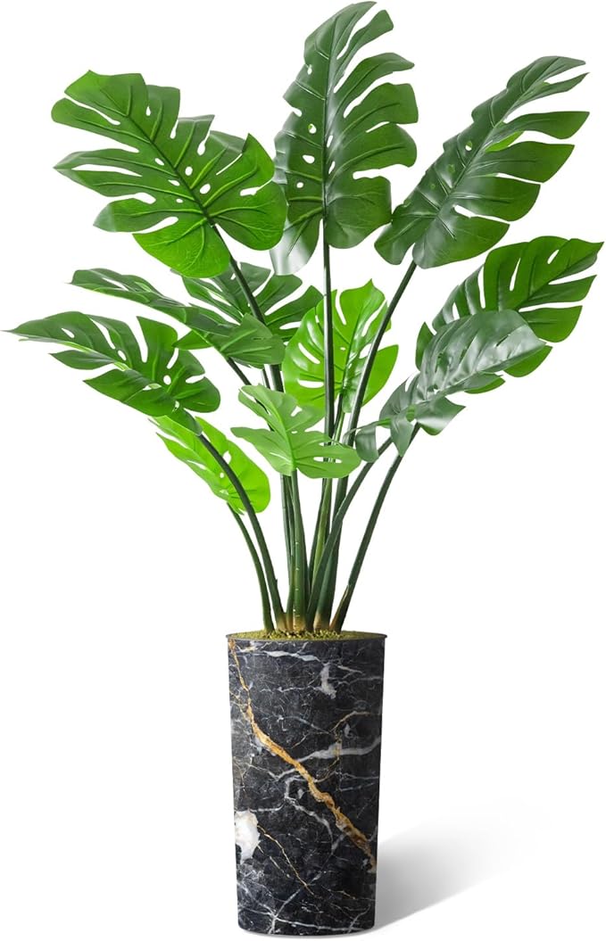 Artificial Tree in Modern Granite Effect Planter, Fake Monstera Silk Tree for Indoor and Outdoor Home Decoration - 65" Overall Tall (Plant Pot Plus Tree)