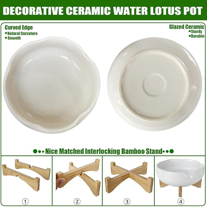 MUZHI White Ceramic Water Lotus Bowl Planter Pot with Bamboo Stand 7.8”, Lotus Shape Hydroponic Water Lily Flower Pot Planter No Drainage Hole