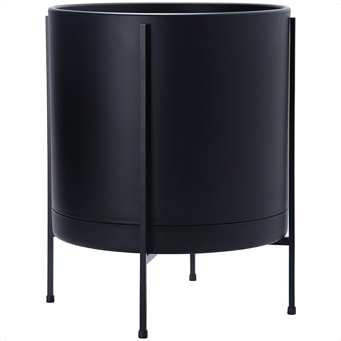 D'vine Dev 16 Inch Black Planter Pot with Stand – Modern Plastic Cylinder Flower Pot with Heavy-Duty Metal Stand for Indoor Plants, 55-D-B-5