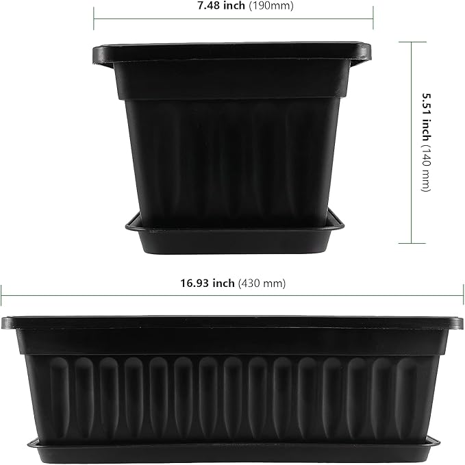 HAKZEON 6 Pack 17 Inches Plastic Flower Box Planters with Trays, Countryside Flower Window Boxes with 30 Plant Labels, Black Rectangular Vegetable Planters for Windowsill, Porch, Balcony, Garden
