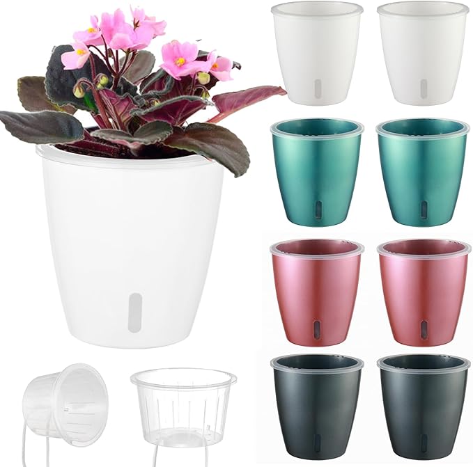 KvyusFlourish 8-Pack 5 Inch Self Watering Pots, Indoor Planter with Indicator, Transparent Wick Pot for Orchids, Small African Violet Pot, for Plants