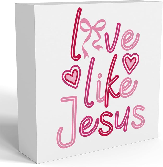 Valentines Day Decorations, Valentines Day Gifts for Her Him, Gift for Boyfriend Girlfriend, Pink Heart Bow Jesus Anniversary Wooden Box Sign Husband Wife Home Office Bedroom Desk Decor