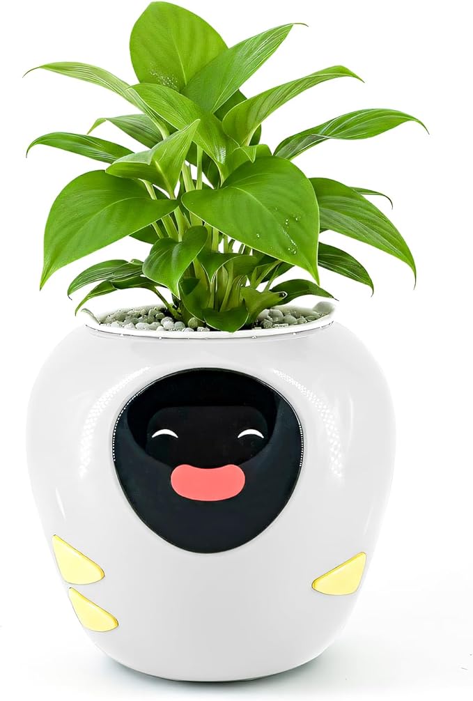 Plantbot Upgraded Large Smart Flower Pot Pet Planter Robot with Artificial Intelligence, Time Temperature Display, and Numerous Expressive Animations Based, for Indoor Decoration, Gifts (White)