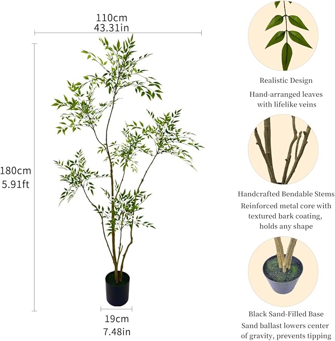 Artificial Nandina Domestica Tree, 6 ft Tall Indoor Plant, Potted Faux Greenery with Natural Stems