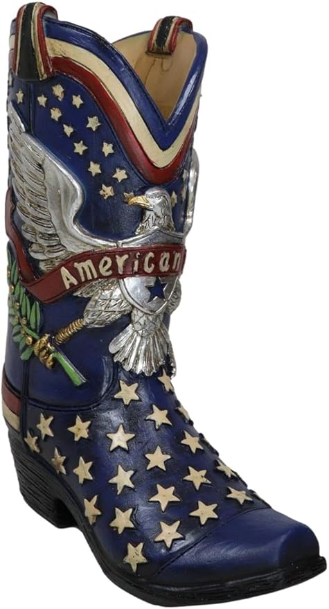 Ebros Gift Rustic Country Patriotic Blue USA Flag Western Stars American Hero USA Eagle Great Seal Crest Cowboy Boot Decorative Flower Bouquet Vase Or Planter Figurine 9" High