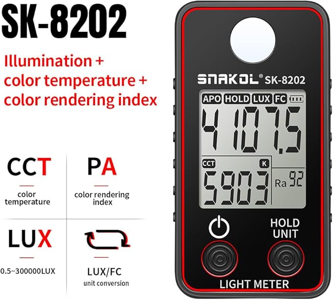 BSEWO Illuminance Meter,Color Temperature Tester High Precise Illuminance Meter 0.5-300000LUX LED Illumination Test Meter Photographic Luminance Measuring Device(Panel Color red and Blue Random)