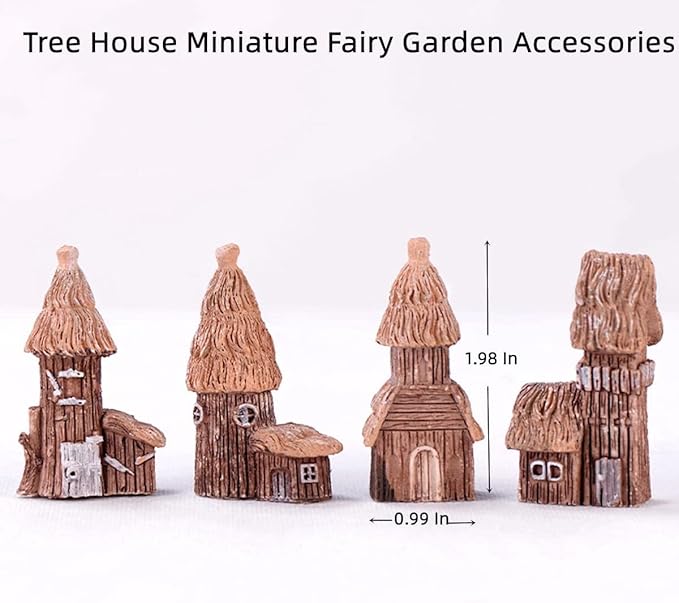 Haohaiblooms 4 Pieces Miniature Tree House Set - Vintage Fairy Garden Decor, DIY House Ornaments for Micro Landscape, Home Decoration, Accessories for Fairy Garden Supplies, Outdoor & Desktop Decor