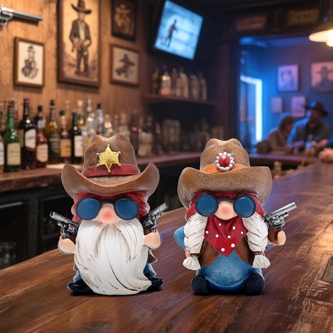 Hodao Cowboy and Cowgirl Gnome Figurines - Hand-Painted Western Resin Gnomes with Cowboy Hats, Sheriff Badge and Bandana - Rustic Farmhouse Decor and Gift for Tiered Tray, Mantel, Tabletop