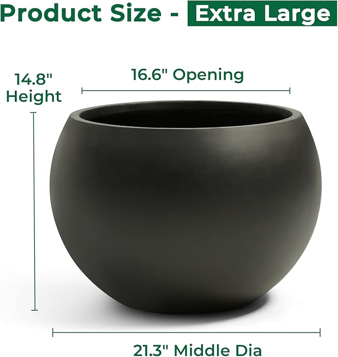 FloraFairy 21.3" D Fiberstone Extra Large Planter, Black 16.6" Pot Opening x 14.8" H, Spherical Flower Pot with Drainage Hole, Weather Resistance Indoor Outdoor Planters