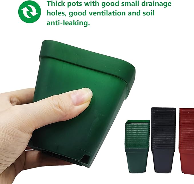 RooTrimmer Square Plastic Nursery Pot 3" 120 Pcs Deep Succulent Pots Small Flower Planter Seeds Starter Pots with Drainage (Green,Black,Red 40pcs Each,2.7Inches)