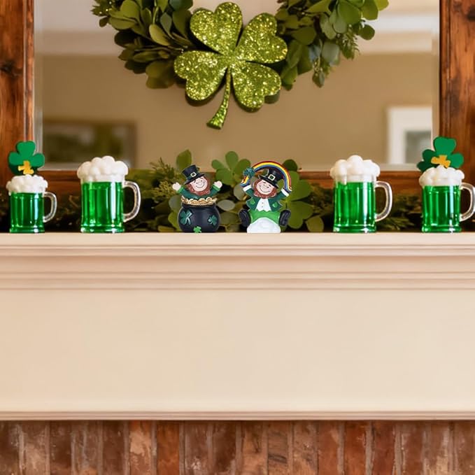 MEETYAMOR St Patricks Day Decorations, 2 PCS Irish Leprechaun Figurine for St Patricks Day Decor, Shamrock Rainbow Pot of Gold Figurines Standing for Home Table Mantel, St Patrick's Day Decorations