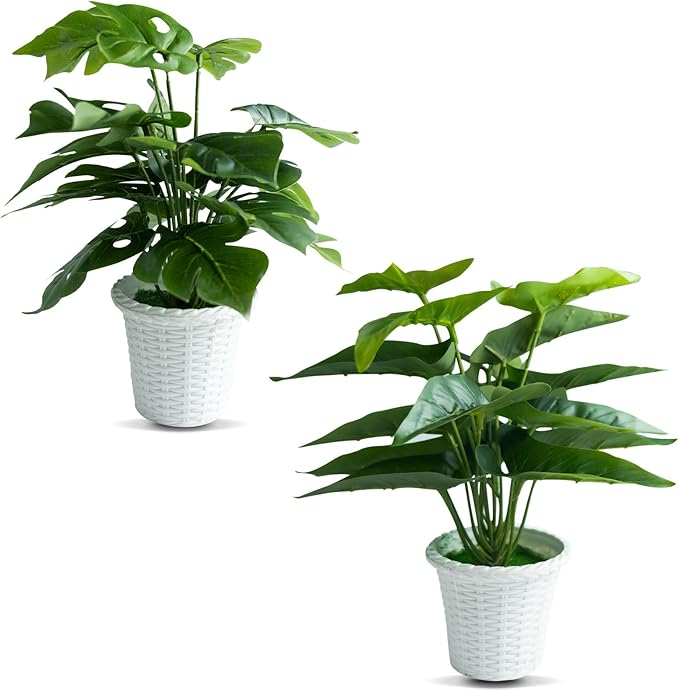 2Pcs 11.8" Artificial Potted Plants Indoor, Faux Green Plants for Shelves, Fake Desk Plants for Home Office Room Decor