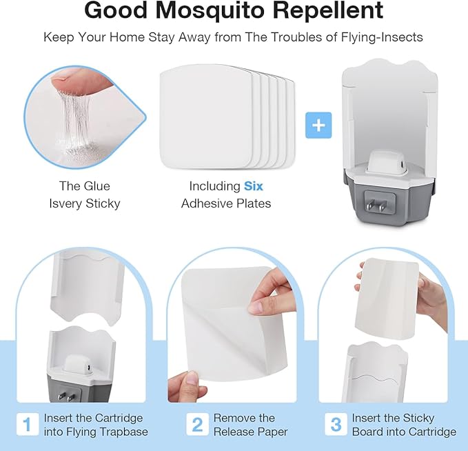 Fly Trap Indoor, 2 Plug-in Fly Catchers with 6 Refill Glue Cards, Ideal for Fruit Flies, Gnats, Mosquitoes, House Flies, Moths & Other Flying Pests – Perfect for Household Use