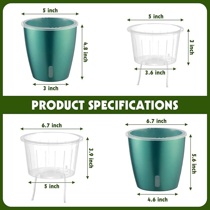 KvyusFlourish Self-Watering Pots for Indoor Plants, 4-Pack 6.7'' Self Watering Planter with Drainage Holes, Small African Violet Pots with Water Indicator, Orchid Pot, White/Grey/Blue/Rose Gold