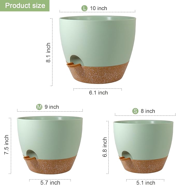 WSMKSZ 10/9/8 inch Self Watering Pots, Planter, Plant Pots with Mesh Drainage Holes for Indoor Outdoor Garden Plants, Plastic Flower Pots with Deep Reservoir for House Plants, Green with Brown