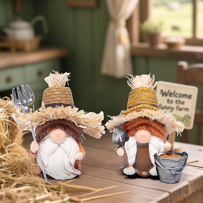 Hodao Farmer Gnomes Figurines — Rustic Resin with Straw Hats & Farm Tools, Hand-Painted Farmhouse Decor & Gift for Gardeners, Home, Porch(Orange)