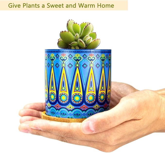 Ascrafter Mandala Succulent Pot with Drainage Hole & Bamboo Coaster, Small Plant Pots, Bohemian Ceramic Succulent Planter Pot for Small Plant-6 Pack