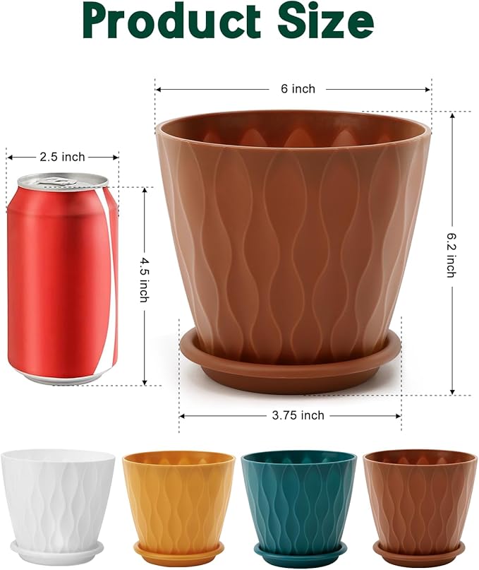 6 Inch Indoor Planter Pots with Drainage Hole and Tray Saucer,Flower Pots for Indoor Outdoor Garden Plants and Flowers, Multicolor, 4 Packs