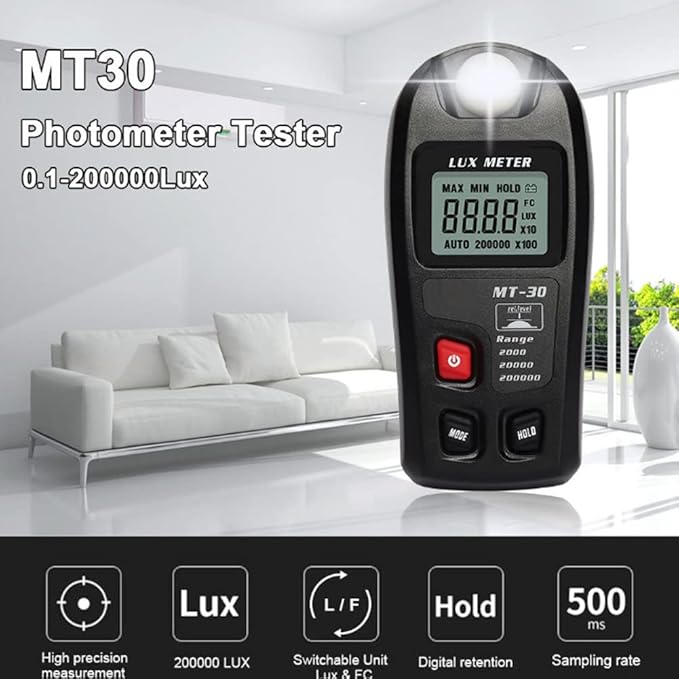 MT-30 Digital Light Meter Lux Meter 0.1-200,000 Lux Range Illuminance Meter with LCD Display Portable Luxmeter for Indoor Outdoor Lighting Measurement