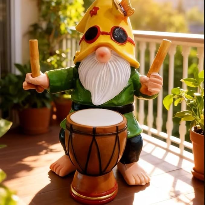 Garden Gnome Outdoor Decorative Statue, Yellow Hat with Sunglasses, Green Outfit, Drummer Design for Patio and Lawn Decor