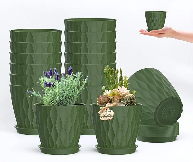 zople 16 Pack 4 Inch Plastic Planter Pots with Tray, Heavy Duty Indoor Outdoor Planter Pots with 48 Drainage Holes for Herbs, Succulents, Seedlings, Flowers Durable and Lightweight Army Green