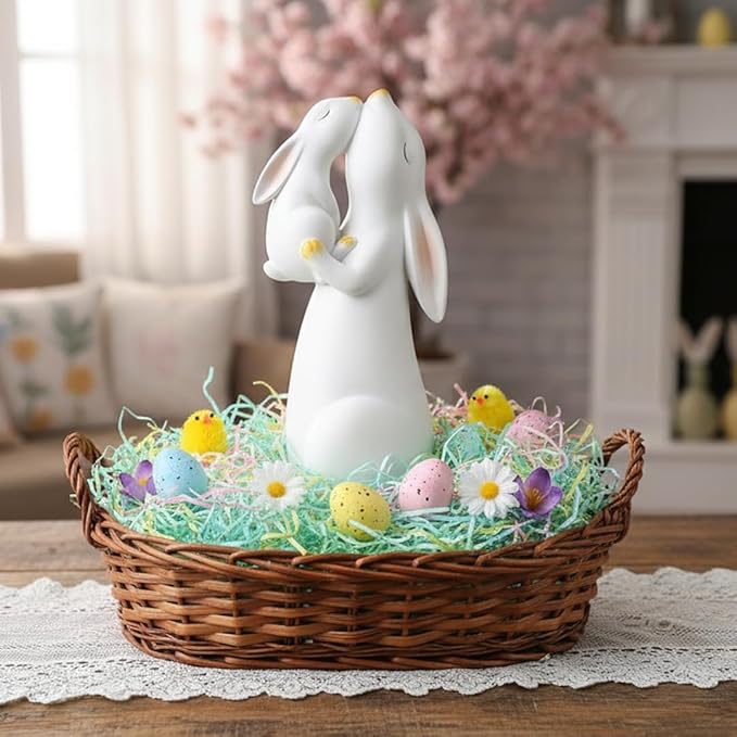 11-inch Tall Resin Bunny Statue - Hand-Painted White Rabbit Figurine for Easter Decor, Spring Home Accent & Memorial Gifts (Indoor/Outdoor)