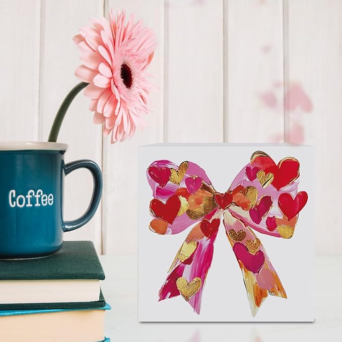 Valentines Day Decorations, Valentines Day Gifts for Her Him, Gift for Boyfriend Girlfriend, Romantic Pink Heart Bow Brushstroke Anniversary Wooden Box Sign Husband Wife Home Office Desk Decor