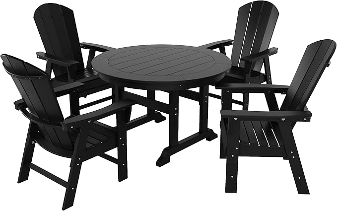 WestinTrends Malibu 5 Piece Adirondack Patio Dining Set, All Weather Poly Lumber Outdoor Table and Chairs Furniture Set, 47" Trestle Round Dining Table and 4 Adirondack Dining Chair, Black