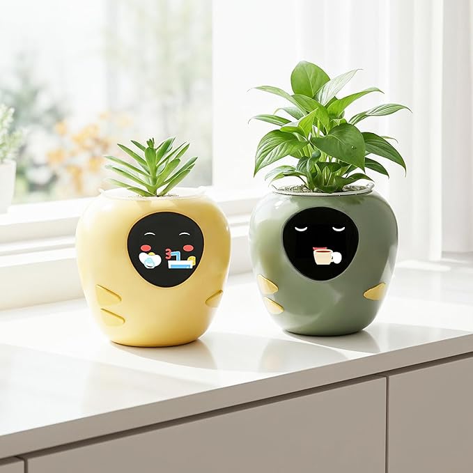 Plantbot Upgraded Large Smart Flower Pot Pet Planter Robot with Artificial Intelligence, Time Temperature Display, and Numerous Expressive Animations Based, for Indoor Decoration, Gifts (Yellow)