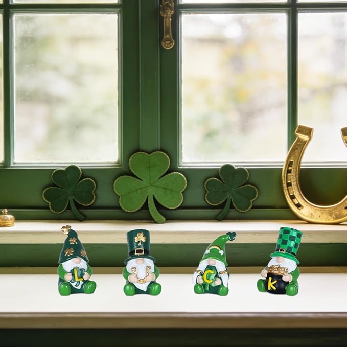 MEETYAMOR St Patricks Day Decorations, 4 PCS Gnome Resin Figurine for St Patricks Day Decor, Luck Sign Irish Green Clover Leprechaun Figurines Standing for Home Table, Mantel, Shelf