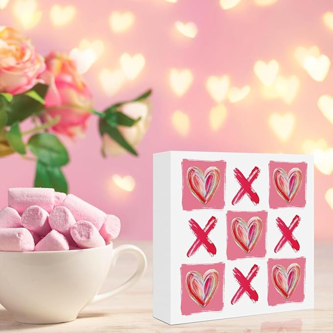 Valentines Day Decorations, Valentines Day Gifts for Her Him, Gift for Boyfriend Girlfriend, Vintage Glitter Pink Checked Xoxo Heart Anniversary Wooden Box Sign Wife Home Office Bedroom Desk Decor