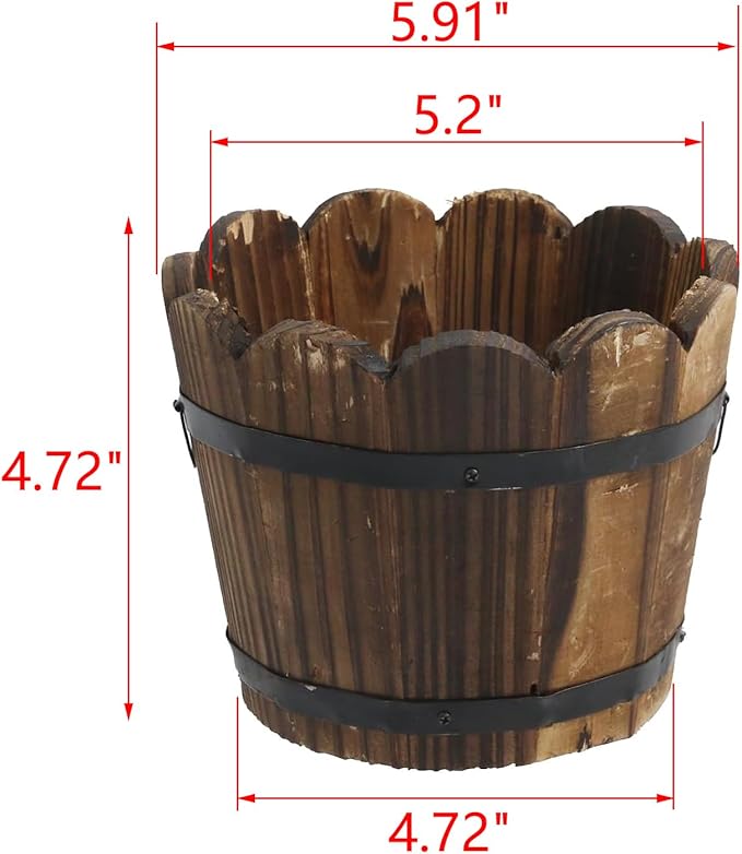 MY MIRONEY Wooden Barrel Planter Vintage Style Wood Bucket Rustic Garden Flower Plant Pots Container with Metal Ring Handles, Wave Mouth, 5.91" x 4.72"