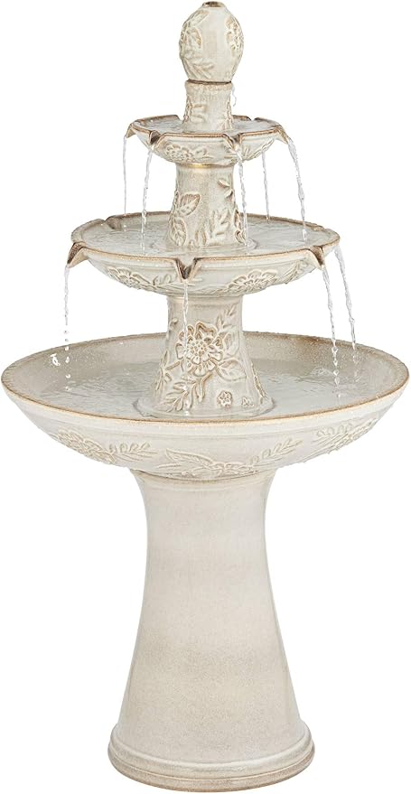 Formentera 45" High Large Italian Outdoor Decor Ceramic Floor Fountain with Light LED Waterfall 3-Tier Standing Basin Water Feature for Outside Garden Patio Yard Backyard Porch - John Timberland