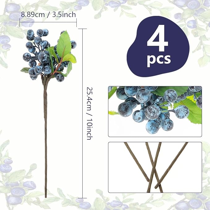 4pcs Artificial Blueberries Fruit Stems Fake Berries Picks Flowers Plant Decorations DIY Flower Arrangement Garland Bouquet Home Wedding Party
