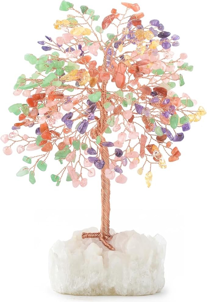 MASGEMES Chakra Crystal Tree of Life Natural Gemstone Healing Crysals(406 Stone Count) with Clear Quartz Base,Fengshui Decor Money Tree,Positive Energy Lucky Gift Height 8.5-9 Inches