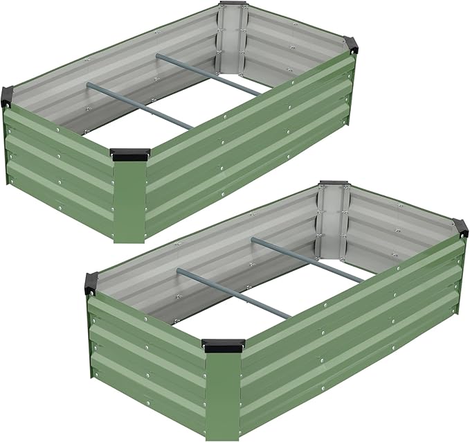 G GOOD GAIN 4x2x1ft Galvanized Raised Garden Bed, Heavy-Duty Metal Planter Boxes Outdoor for Vegetables Flowers Herbs, Olive Green(2 Pack)