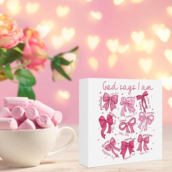 Valentines Day Decorations, Valentines Day Gifts for Her Him, Gift for Boyfriend Girlfriend, Romantic Pink Bow Bible Verse Anniversary Christian Wooden Box Sign Husband Wife Home Office Desk Decor