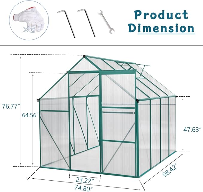 6x8 FT Polycarbonate Greenhouse Raised Base and Anchor Aluminum Heavy Duty Walk-in Greenhouses for Outdoor Backyard in All Season Green
