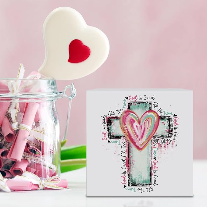 Valentines Day Decorations, Valentines Day Gifts for Her Him, Gift for Boyfriend Girlfriend, Romantic Watercolor Heart Cross Anniversary Christian Wooden Box Sign Husband Wife Home Office Desk Decor