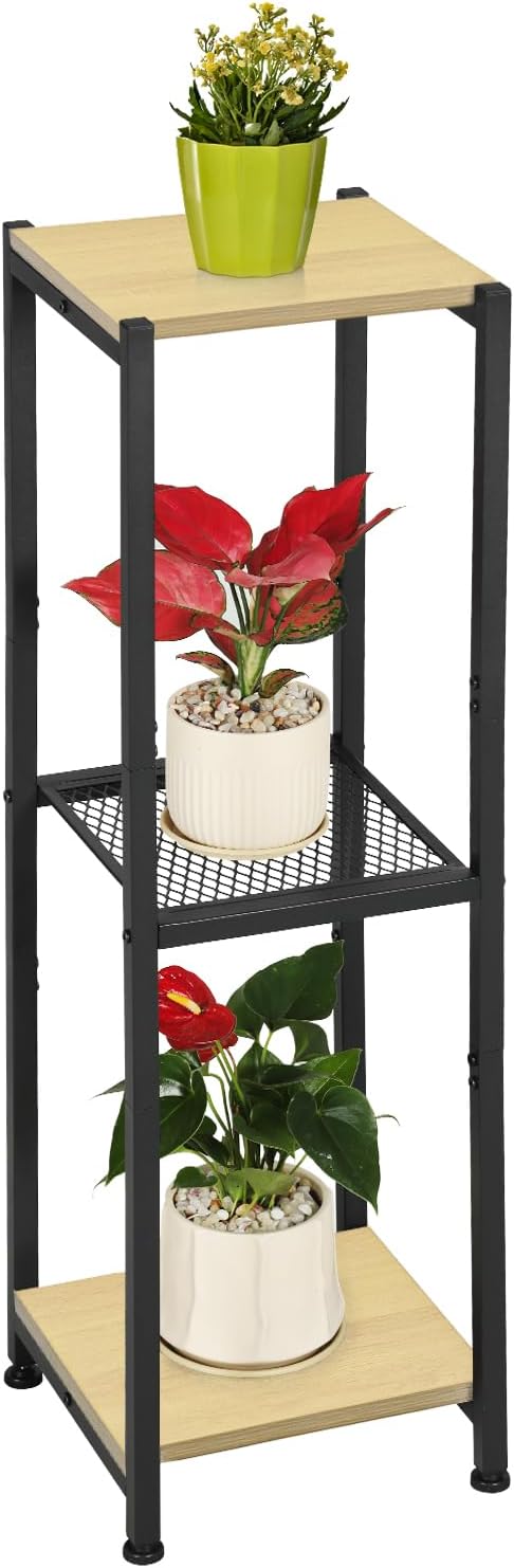 Dipion Extra Tall Plant Stand Indoor,40 Inch Plants Stands,3 Tier Metal Plant Stand with Heavy Duty Wood and Metal Mesh Shelf,Yellow Oak and Black