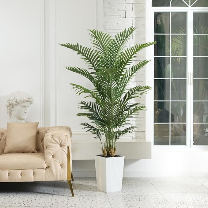 VeriNatural 6FT Artificial Palm Tree - Tall Fake Tree with White Taper Planter & Pebbles, UV Resistant for Indoor & Outdoor Decor - Large Potted Faux Plant for Living Room, Office, Home Decor,VN130