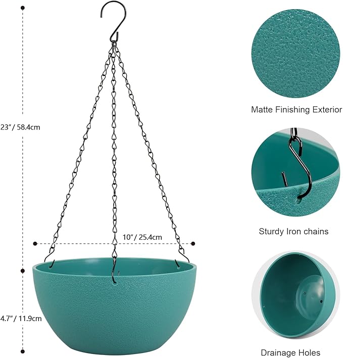 Meowell 10 inch Hanging Planters for Indoor Outdoor Plants, 2 Pack Hanging Flower Pots with Drainage Holes and Chain for Garden Porch, Plastic Hanging Baskets for House Plants, Blue Green