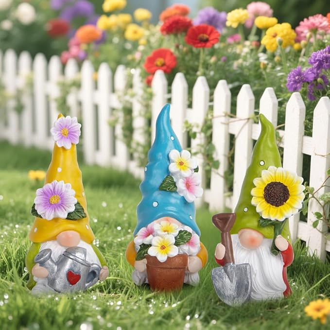 Hodao Spring Decorations for Home - Colorful Garden Gnomes Figurines with Flowers & Tools – Spring Summer Indoor Outdoor Decor for Table, Lawn, Window Sill – Gift for Garden Lovers