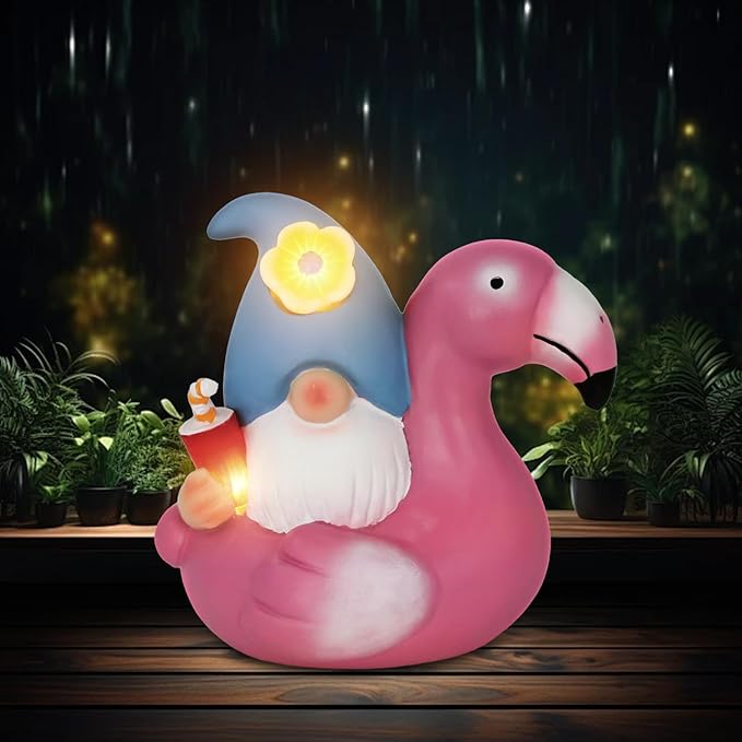 Solar Gnome Garden Decor Statue,Outdoor Funny Solar Light Decoration for Outside Yard Patio Front Porch Balcony Home - Unique Housewarming Gifts (Flamingo)