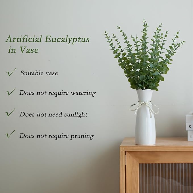 Grecezvk Faux Plants Indoor - Artificial Eucalyptus Stems in White Vase, Small Fake Greenery for Farmhouse Home Decor, Bathroom, Office, Classroom & Kitchen (Sage Green)