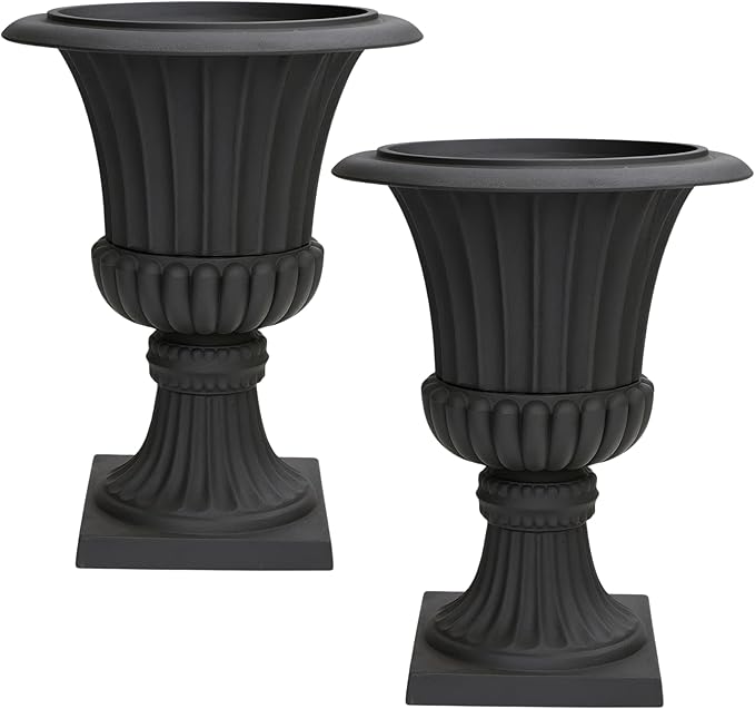 Austram Urn Planters 22", Set of 2, Tall Stone-Resin Pedestal Planters for Outdoor Plants, Large Front Porch Decor, Patio Garden Pots, Outdoor Urns for Entryway, Porch & Deck, Black Plant Pot