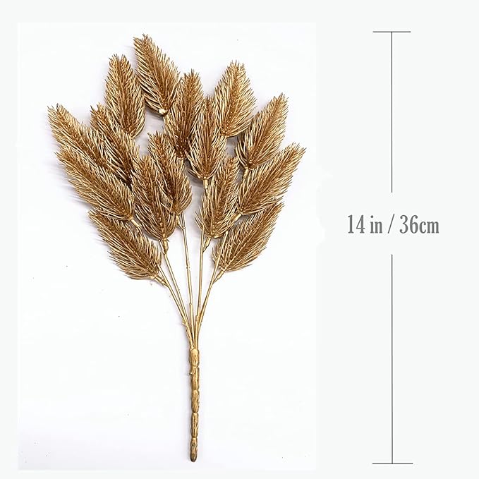 CATTREE Artificial Gold Plants Plastic Fake Grass Faux Shrubs Simulation Bushes Home Indoor Outdoor Garden Leaves Wedding Festival Decoration Hall Table Planter Filler Pine Cones Golden - 3 Pack