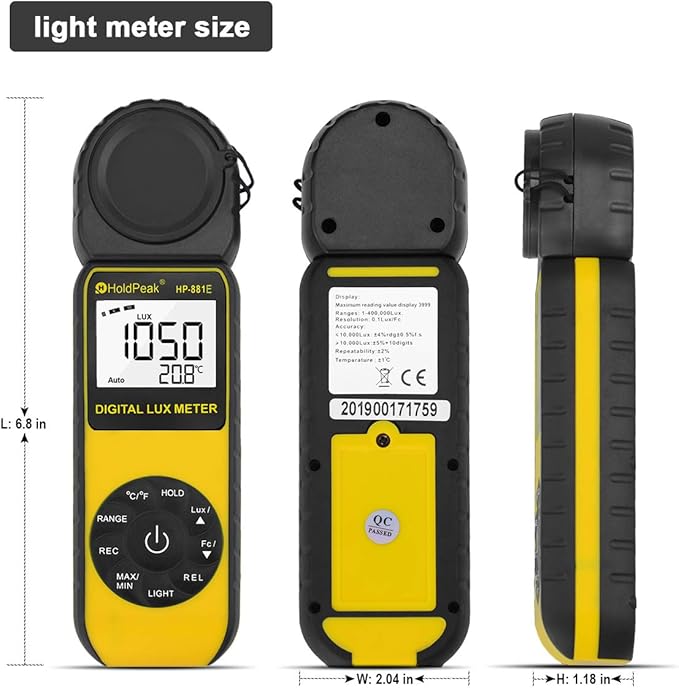 Digital Light Meter (2PCS) - HOLDPEAK 881E Digital Illuminanc/Light Meter with 0.01~300,000 Lux (0.01~30,000 FC) Measuring Ranges and 270° Rotatable Detector for LED Lights and Plants Lumen Meter